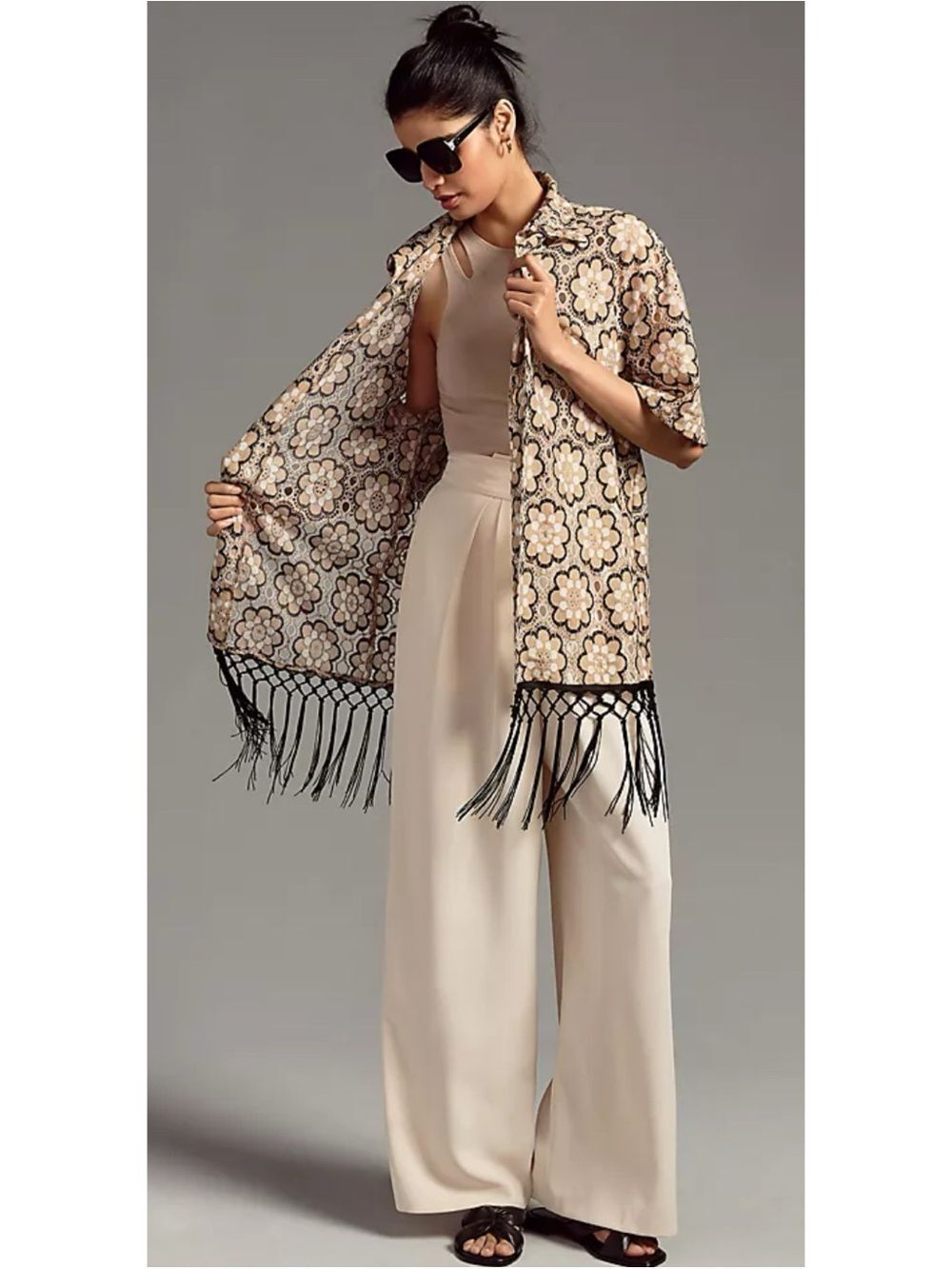 NWT ANTHROPOLOGIE Self Contrast Collared Embroidered Fringe Kimono Shirt